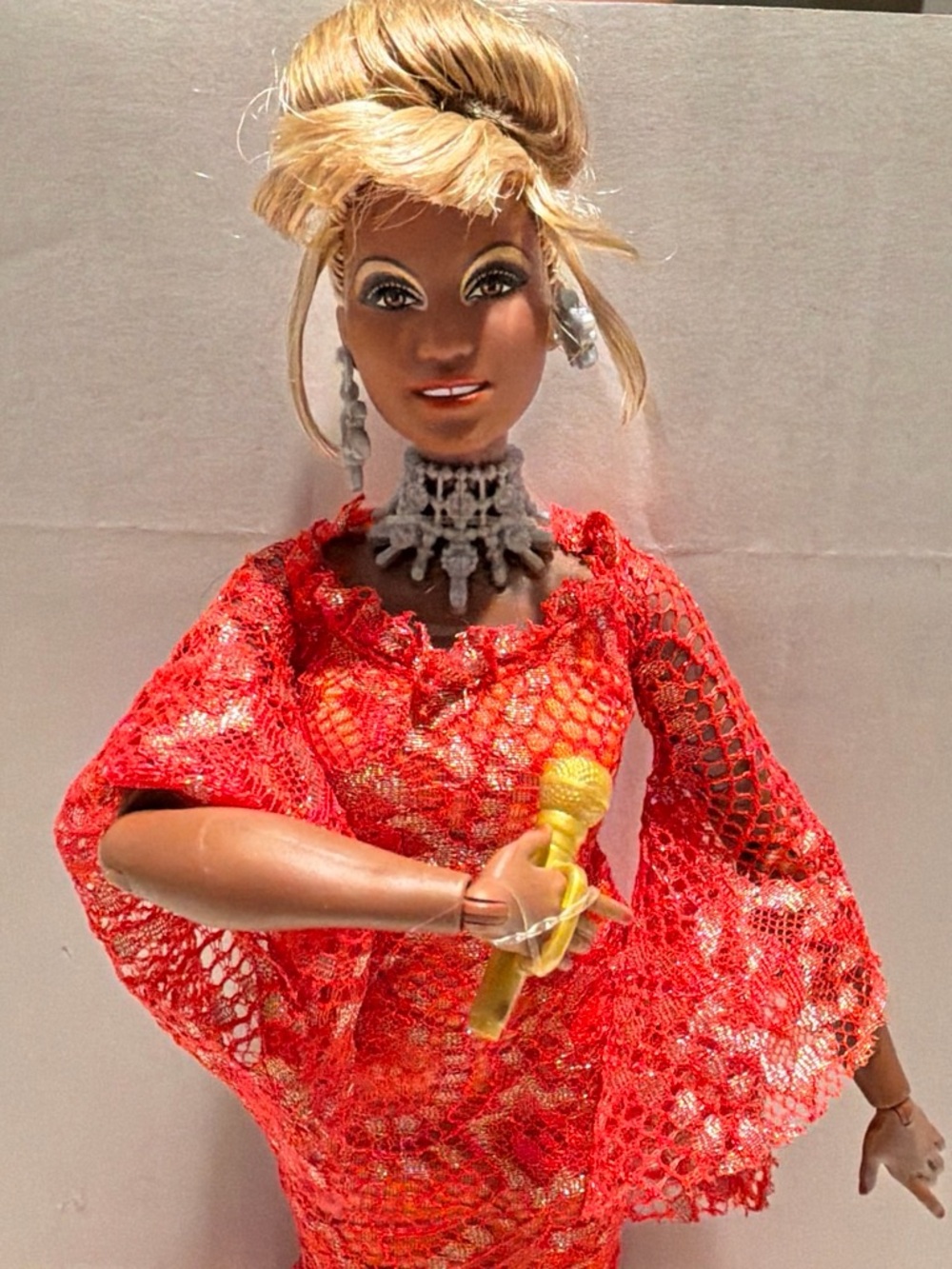 Barbie Red Crochet Lace Dress with Gold Microphone
